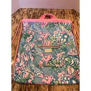 Lilly Pulitzer Backpack Drawstring Bag Aqua La Vista Ibiza Floral Canvas Tote